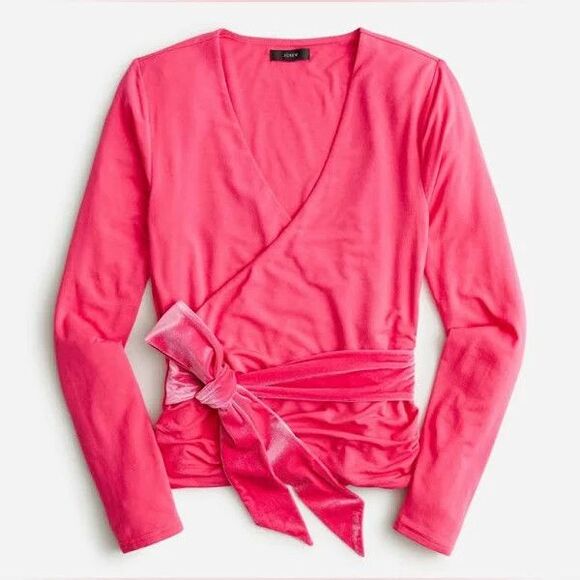 New J. Crew Formknit Long-Sleeve Wrap Top Velvet Tie Pink Long Sleeve Size Small - Picture 1 of 5